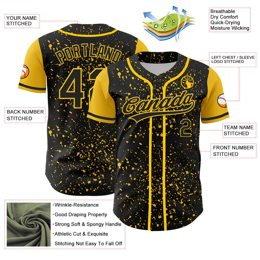 Custom Black Yellow 3D Pattern Design Abstract Splatter Ink Authentic Baseball Jersey - Sky-Custom