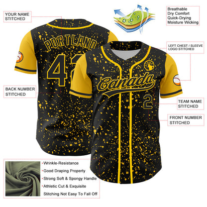 Custom Black Yellow 3D Pattern Design Abstract Splatter Ink Authentic Baseball Jersey - Sky-Custom