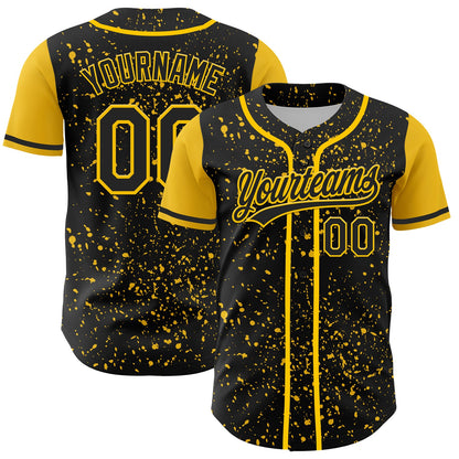 Custom Black Yellow 3D Pattern Design Abstract Splatter Ink Authentic Baseball Jersey - Sky-Custom