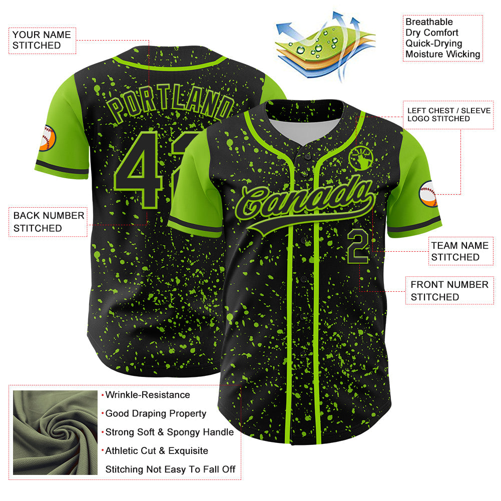 Custom Black Neon Green 3D Pattern Design Abstract Splatter Ink Authentic Baseball Jersey - Sky-Custom