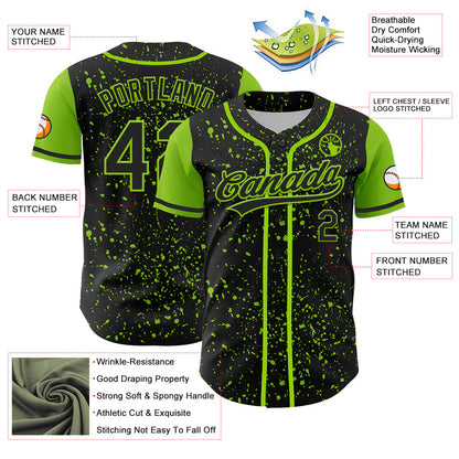 Custom Black Neon Green 3D Pattern Design Abstract Splatter Ink Authentic Baseball Jersey - Sky-Custom