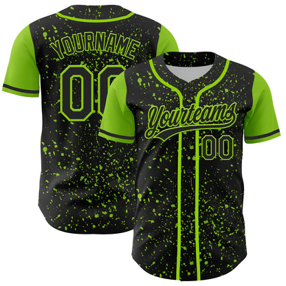 Custom Black Neon Green 3D Pattern Design Abstract Splatter Ink Authentic Baseball Jersey - Sky-Custom