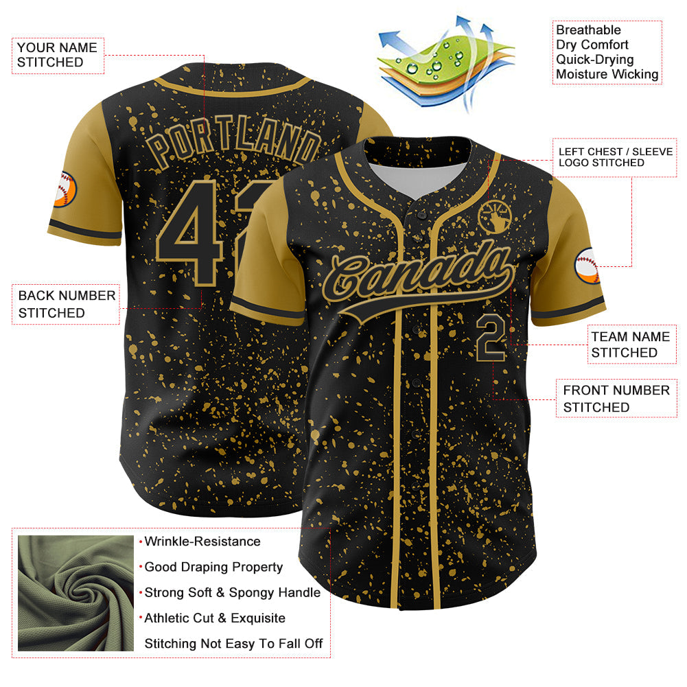 Custom Black Old Gold 3D Pattern Design Abstract Splatter Ink Authentic Baseball Jersey - Sky-Custom