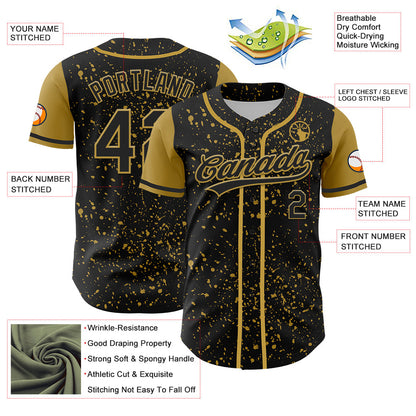 Custom Black Old Gold 3D Pattern Design Abstract Splatter Ink Authentic Baseball Jersey - Sky-Custom