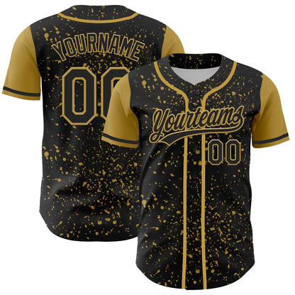 Custom Black Old Gold 3D Pattern Design Abstract Splatter Ink Authentic Baseball Jersey - Sky-Custom
