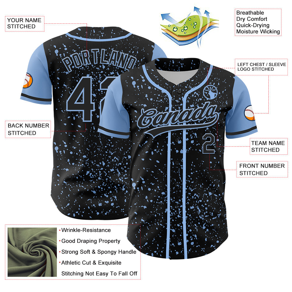Custom Black Light Blue 3D Pattern Design Abstract Splatter Ink Authentic Baseball Jersey - Sky-Custom