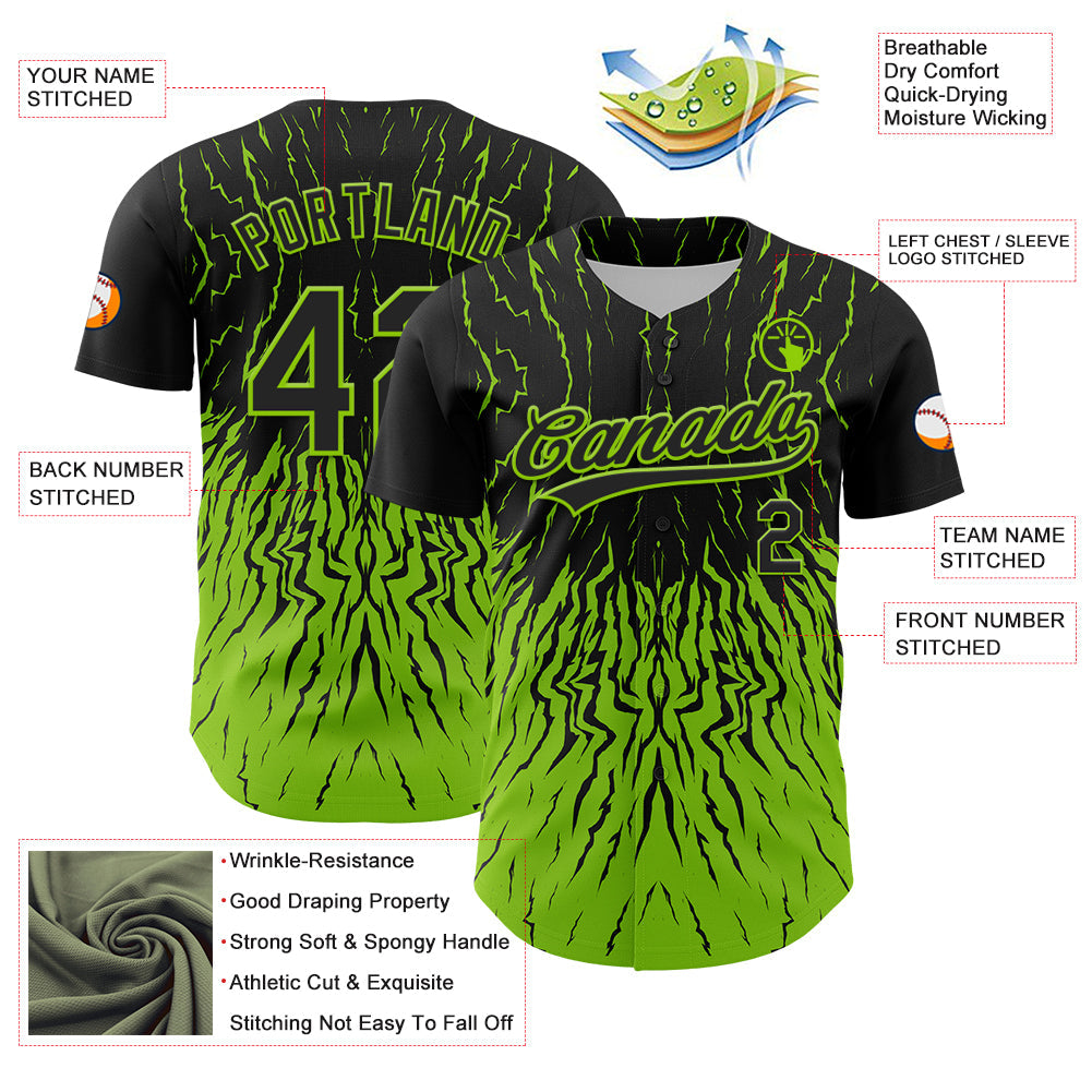 Custom Black Neon Green 3D Pattern Design Abstract Wave Authentic Baseball Jersey - Sky-Custom