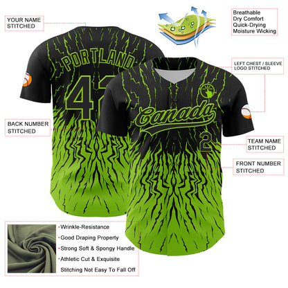 Custom Black Neon Green 3D Pattern Design Abstract Wave Authentic Baseball Jersey - Sky-Custom