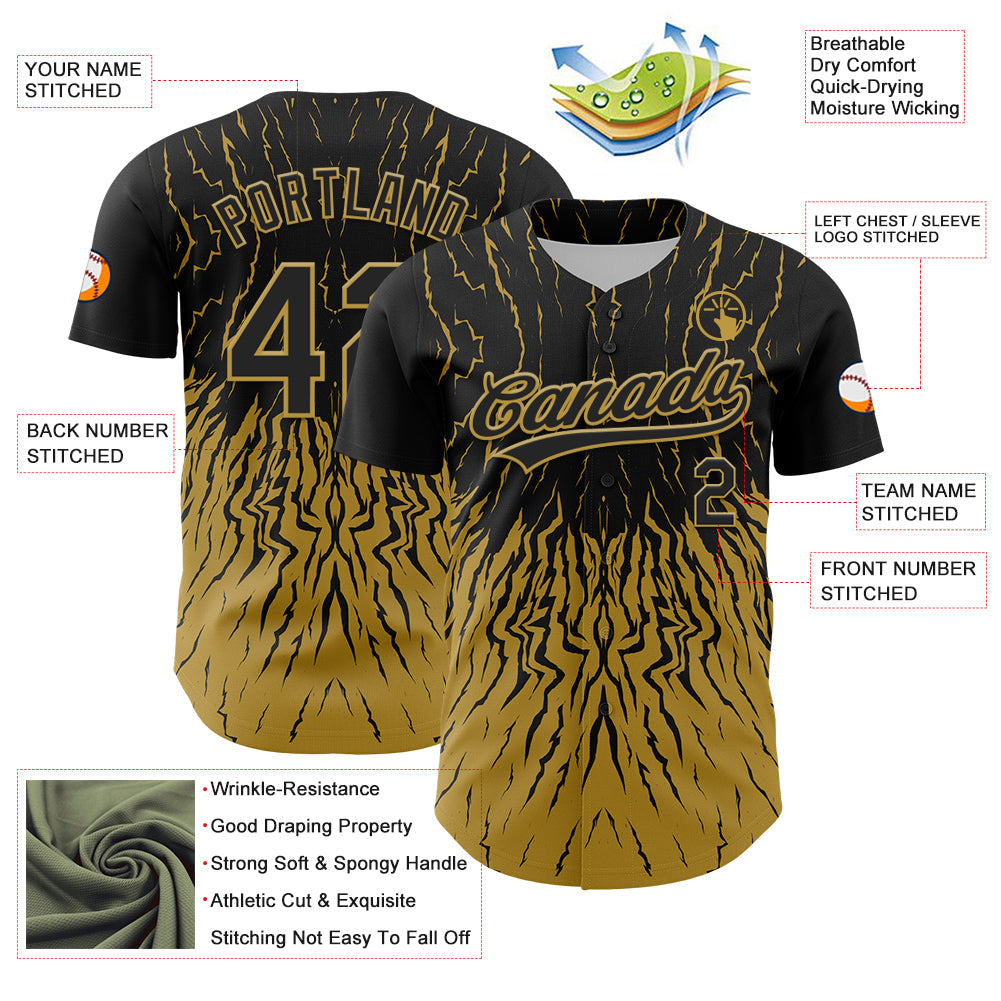 Custom Black Old Gold 3D Pattern Design Abstract Wave Authentic Baseball Jersey - Sky-Custom
