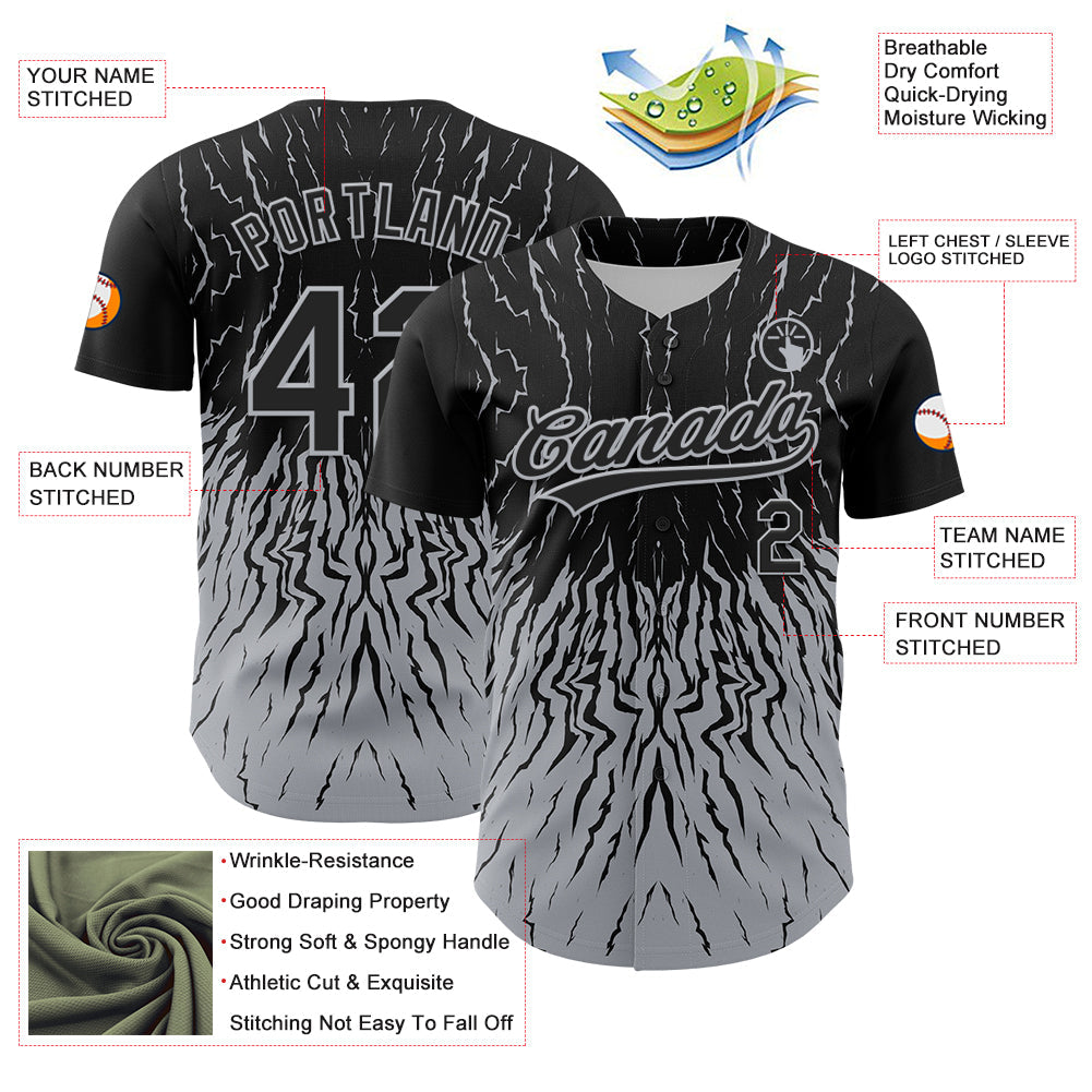 Custom Black Gray 3D Pattern Design Abstract Wave Authentic Baseball Jersey - Sky-Custom