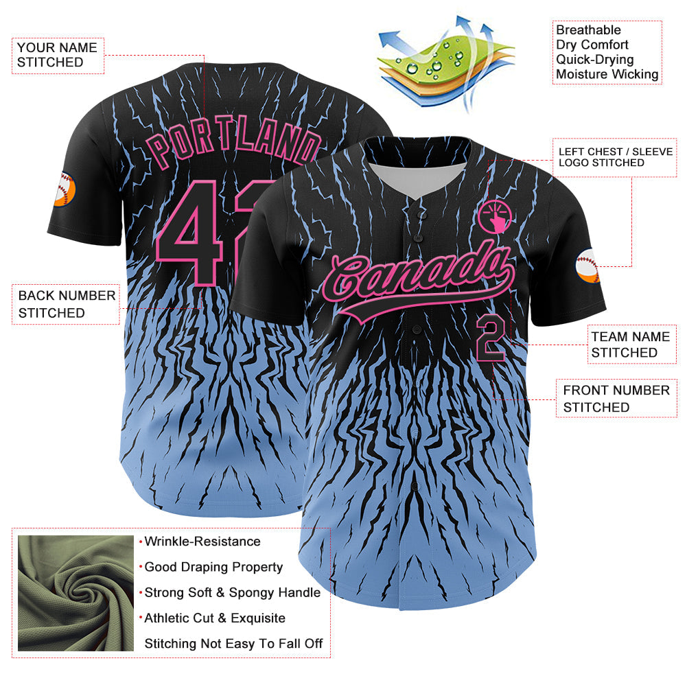 Custom Black Light Blue-Pink 3D Pattern Design Abstract Wave Authentic Baseball Jersey - Sky-Custom