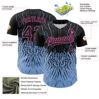 Custom Black Light Blue-Pink 3D Pattern Design Abstract Wave Authentic Baseball Jersey - Sky-Custom