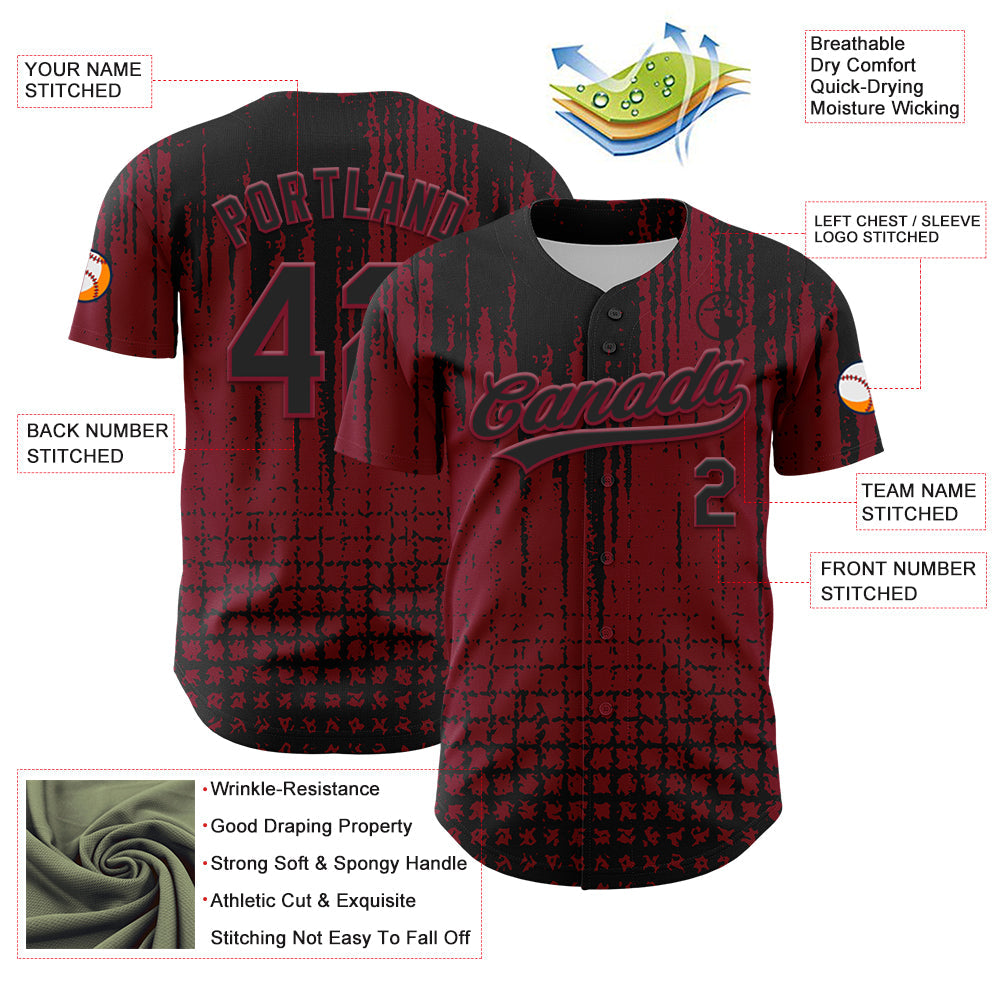 Custom Crimson Black 3D Pattern Design Abstract Shape Authentic Baseball Jersey - Sky-Custom