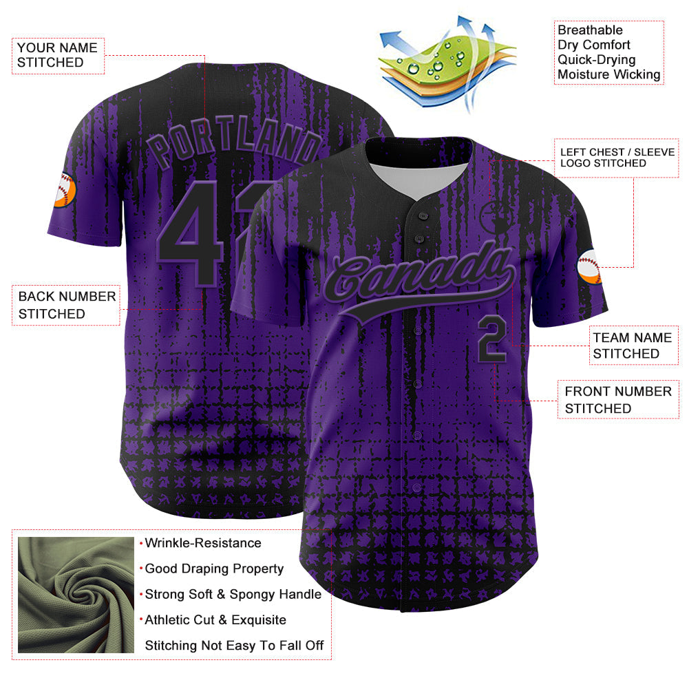 Custom Purple Black 3D Pattern Design Abstract Shape Authentic Baseball Jersey - Sky-Custom
