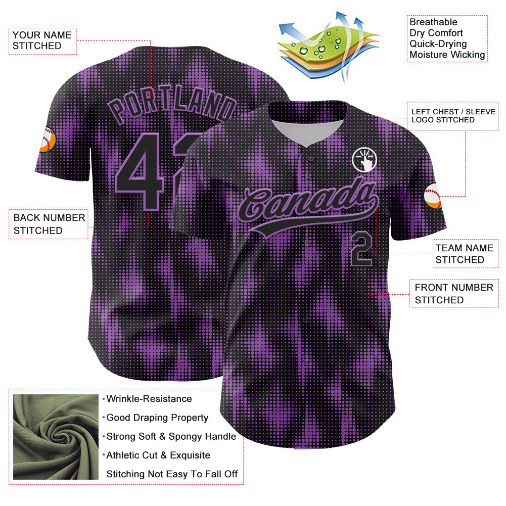 Custom Black Medium Purple 3D Pattern Design Halftone Dots Authentic Baseball Jersey - Sky-Custom