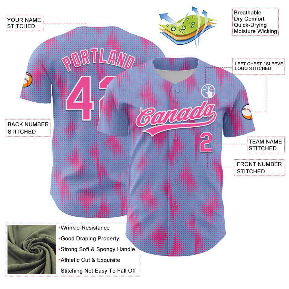 Custom Light Blue Pink-White 3D Pattern Design Halftone Dots Authentic Baseball Jersey - Sky-Custom