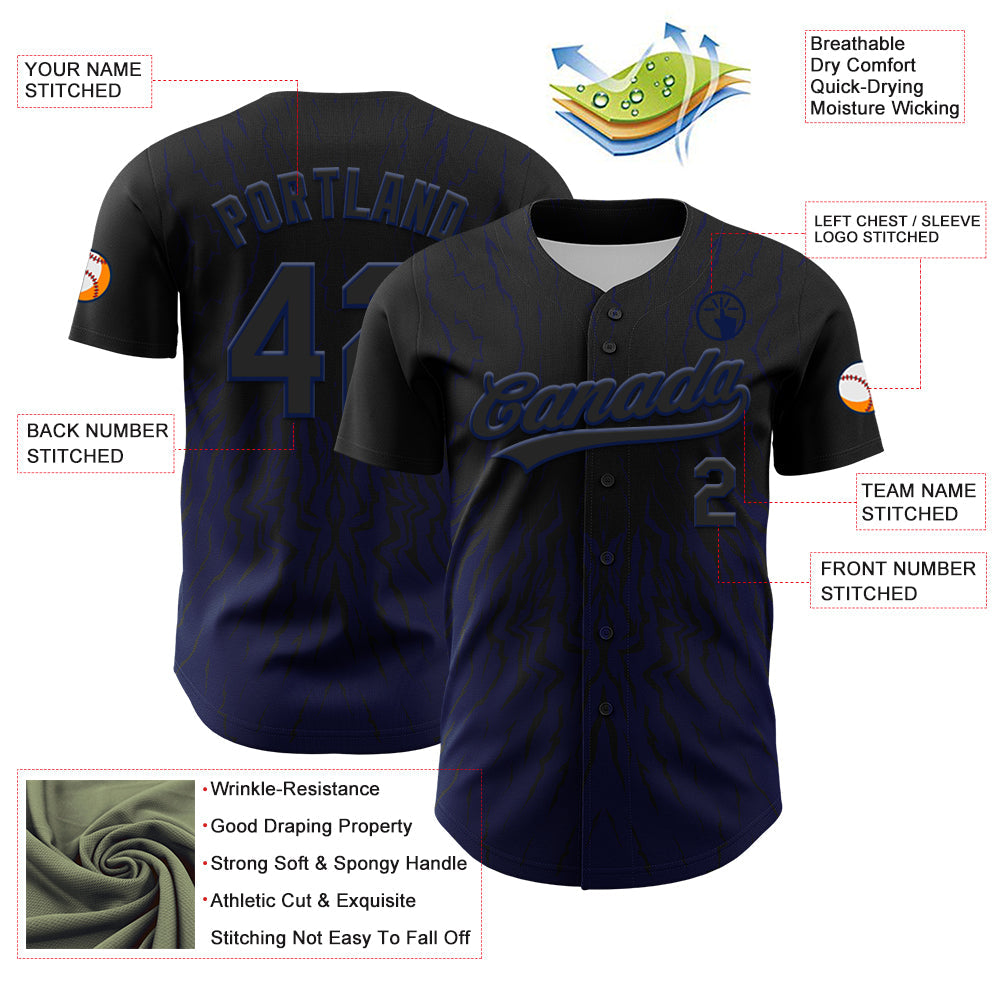 Custom Black Navy 3D Pattern Design Abstract Wave Authentic Baseball Jersey - Sky-Custom
