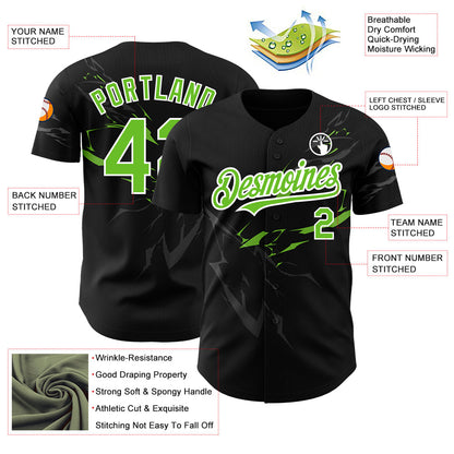 Custom Black Neon Green-White 3D Pattern Design Lightning Authentic Baseball Jersey - Sky-Custom