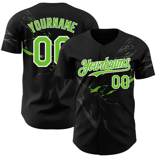 Custom Black Neon Green-White 3D Pattern Design Lightning Authentic Baseball Jersey - Sky-Custom