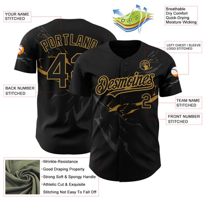Custom Black Old Gold 3D Pattern Design Lightning Authentic Baseball Jersey - Sky-Custom