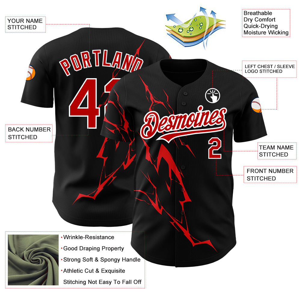 Custom Black Red-White 3D Pattern Design Lightning Authentic Baseball Jersey - Sky-Custom