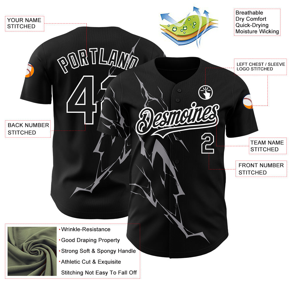 Custom Black Gray-White 3D Pattern Design Lightning Authentic Baseball Jersey - Sky-Custom