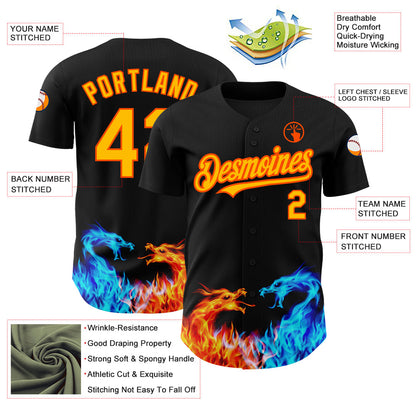 Custom Black Yellow-Orange 3D Pattern Design Fire Dragon Authentic Baseball Jersey - Sky-Custom