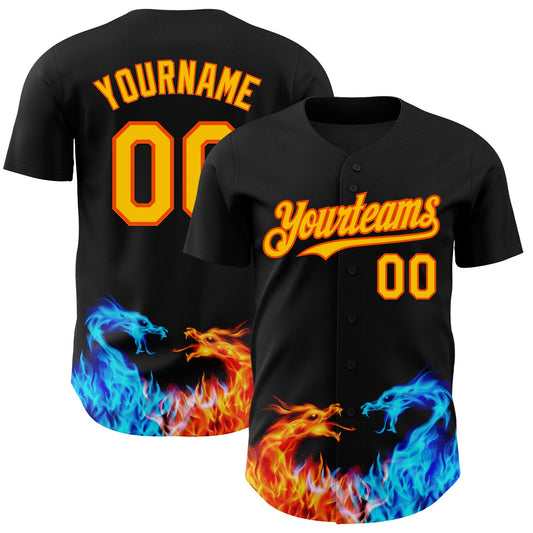 Custom Black Yellow-Orange 3D Pattern Design Fire Dragon Authentic Baseball Jersey - Sky-Custom