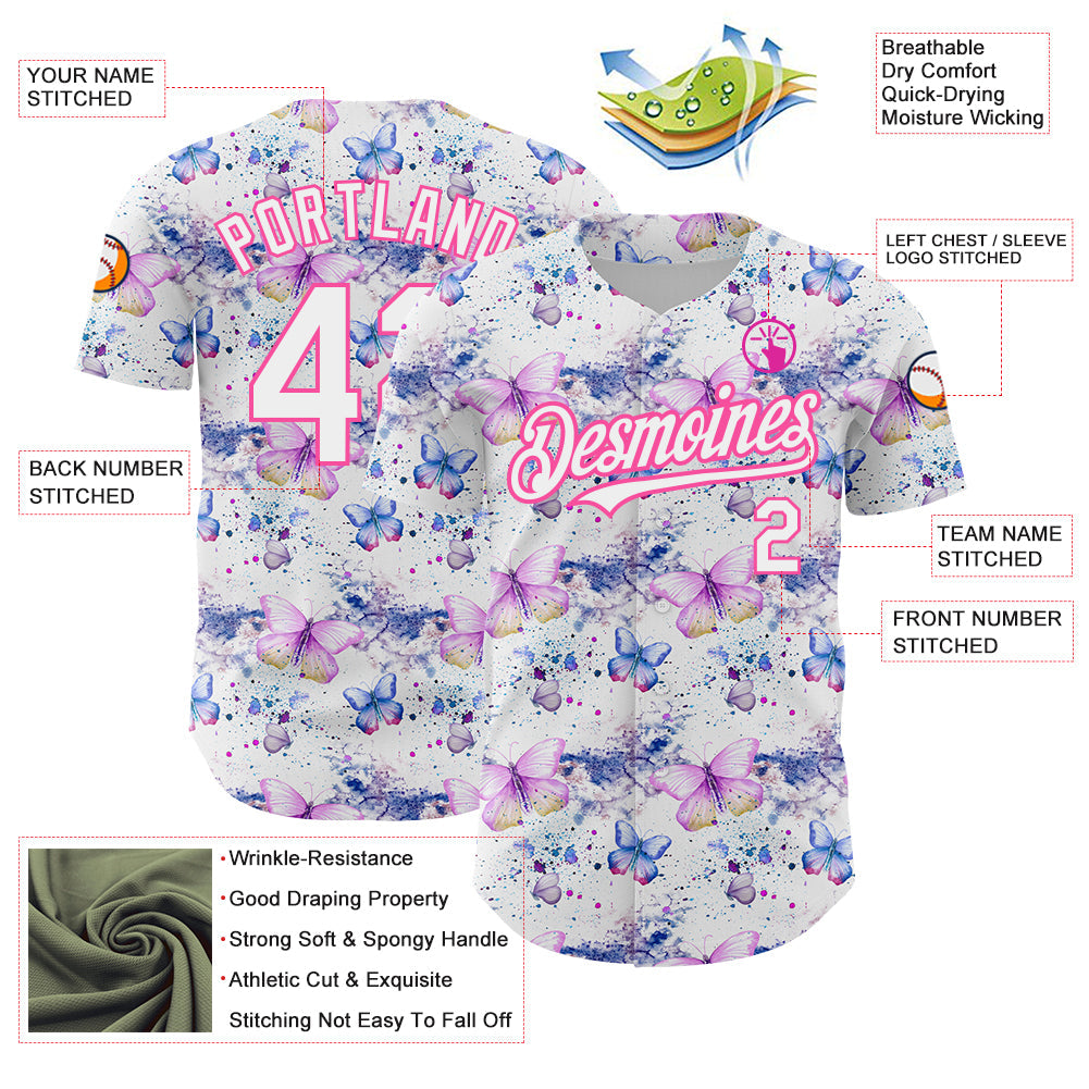 Custom White Pink 3D Pattern Design Animal Butterfly Authentic Baseball Jersey - Sky-Custom