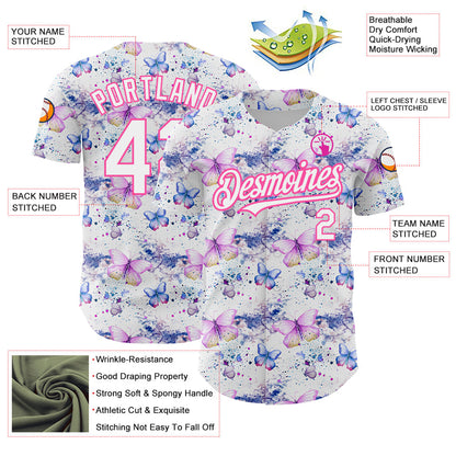 Custom White Pink 3D Pattern Design Animal Butterfly Authentic Baseball Jersey - Sky-Custom