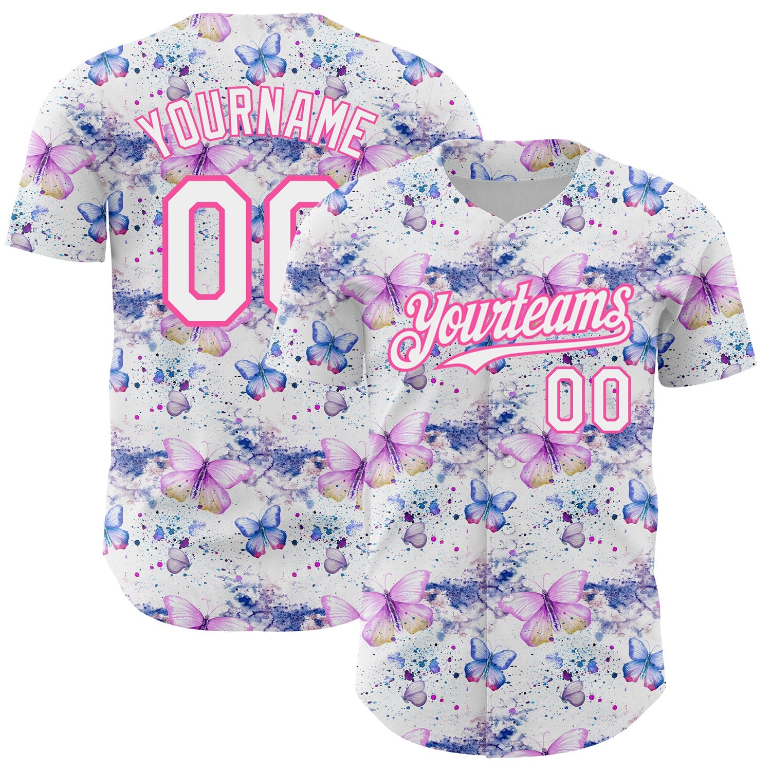 Custom White Pink 3D Pattern Design Animal Butterfly Authentic Baseball Jersey - Sky-Custom