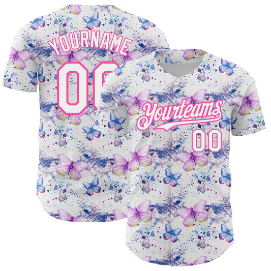 Custom White Pink 3D Pattern Design Animal Butterfly Authentic Baseball Jersey - Sky-Custom