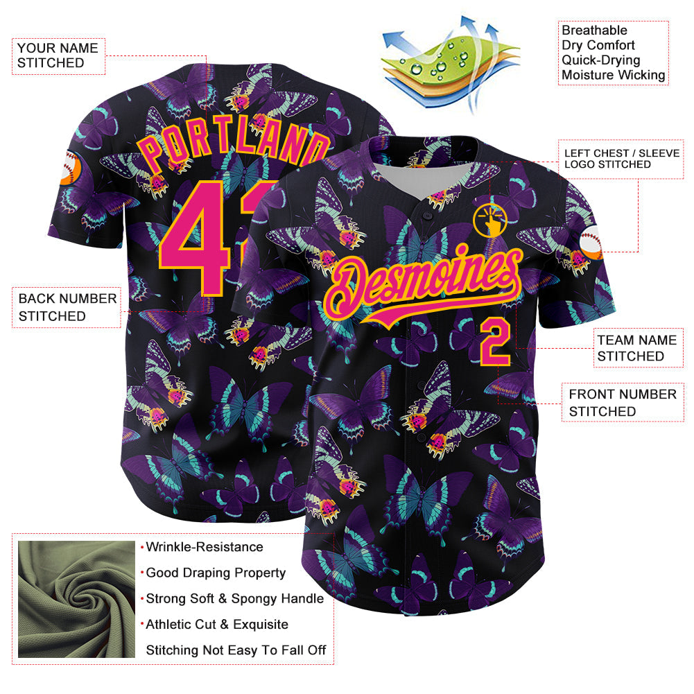 Custom Black Hot Pink-Yellow 3D Pattern Design Animal Butterfly Authentic Baseball Jersey - Sky-Custom