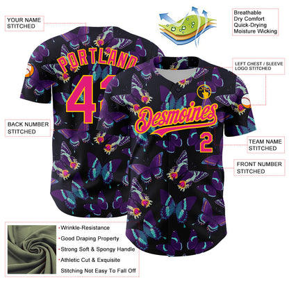 Custom Black Hot Pink-Yellow 3D Pattern Design Animal Butterfly Authentic Baseball Jersey - Sky-Custom