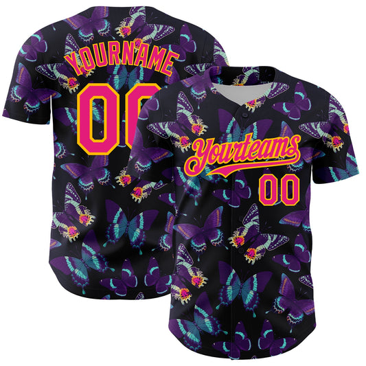 Custom Black Hot Pink-Yellow 3D Pattern Design Animal Butterfly Authentic Baseball Jersey - Sky-Custom