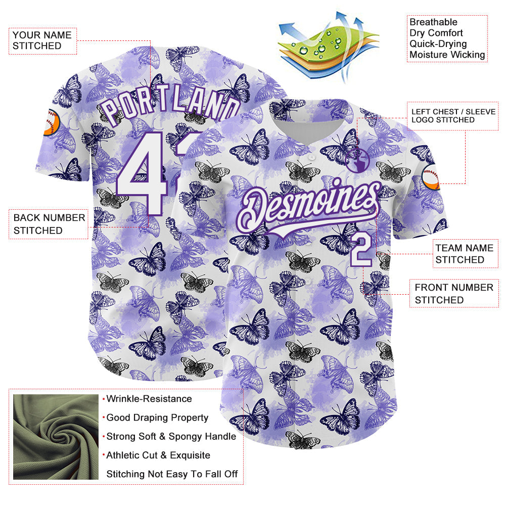 Custom White Purple 3D Pattern Design Animal Butterfly Authentic Baseball Jersey - Sky-Custom