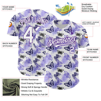 Custom White Purple 3D Pattern Design Animal Butterfly Authentic Baseball Jersey - Sky-Custom