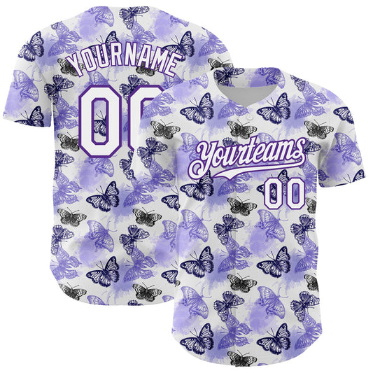 Custom White Purple 3D Pattern Design Animal Butterfly Authentic Baseball Jersey - Sky-Custom