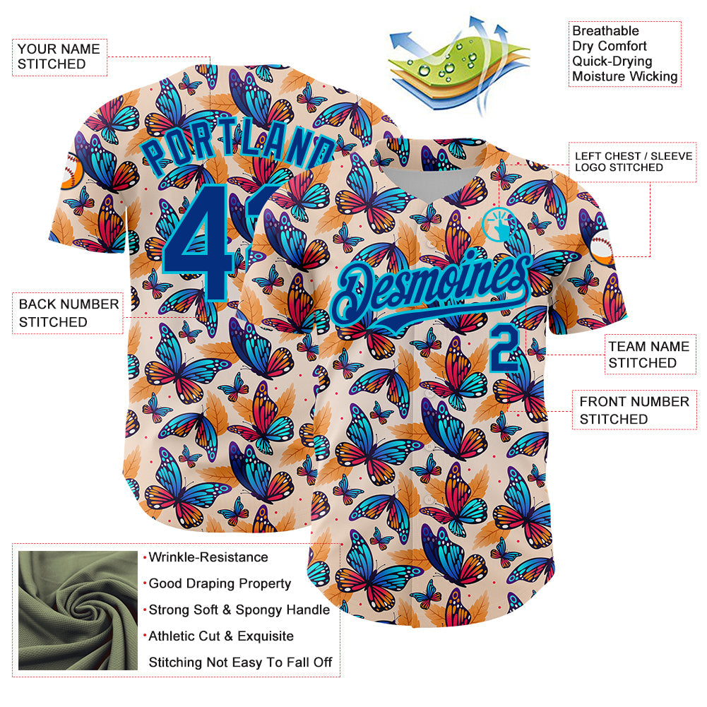 Custom Cream Royal-Lakes Blue 3D Pattern Design Animal Butterfly Authentic Baseball Jersey - Sky-Custom
