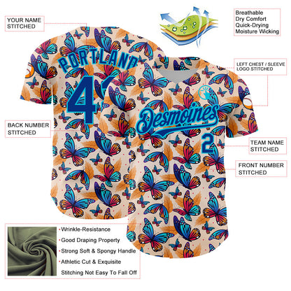 Custom Cream Royal-Lakes Blue 3D Pattern Design Animal Butterfly Authentic Baseball Jersey - Sky-Custom