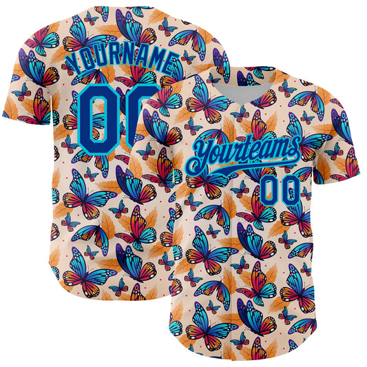 Custom Cream Royal-Lakes Blue 3D Pattern Design Animal Butterfly Authentic Baseball Jersey - Sky-Custom