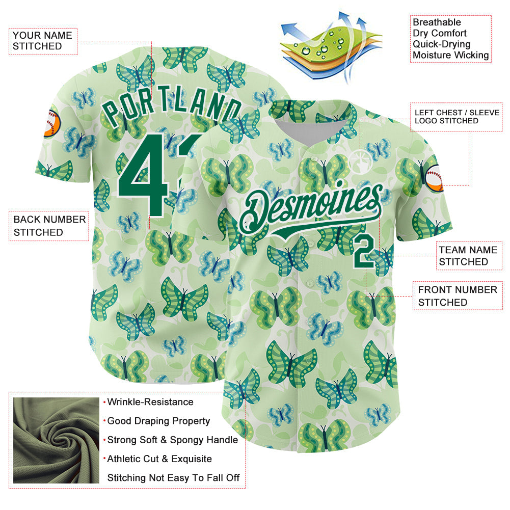 Custom White Kelly Green 3D Pattern Design Animal Butterfly Authentic Baseball Jersey - Sky-Custom