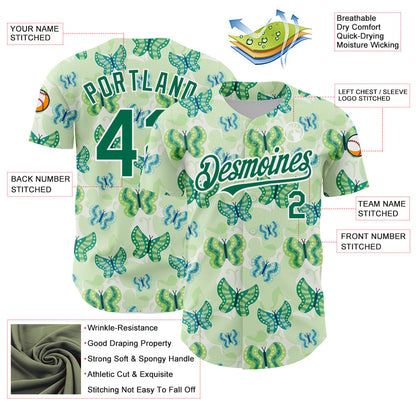 Custom White Kelly Green 3D Pattern Design Animal Butterfly Authentic Baseball Jersey - Sky-Custom