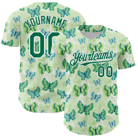 Custom White Kelly Green 3D Pattern Design Animal Butterfly Authentic Baseball Jersey - Sky-Custom
