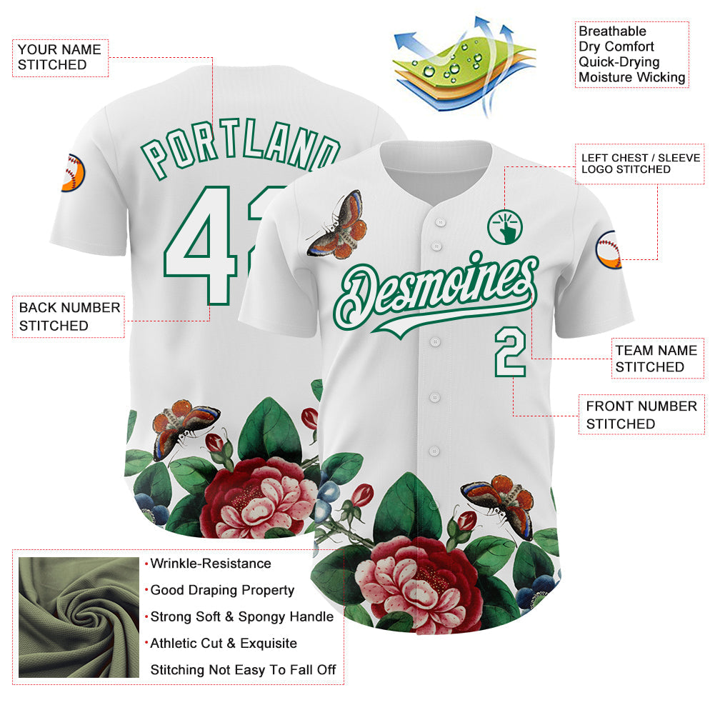 Custom White Kelly Green 3D Pattern Design Animal Butterfly And Flower Authentic Baseball Jersey - Sky-Custom