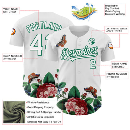 Custom White Kelly Green 3D Pattern Design Animal Butterfly And Flower Authentic Baseball Jersey - Sky-Custom