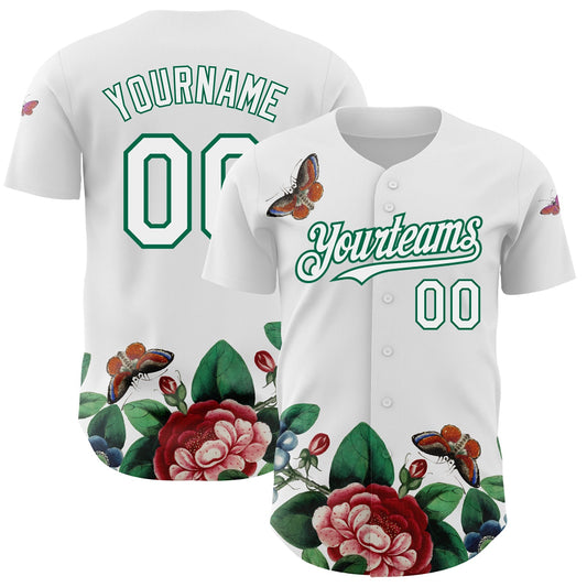 Custom White Kelly Green 3D Pattern Design Animal Butterfly And Flower Authentic Baseball Jersey - Sky-Custom
