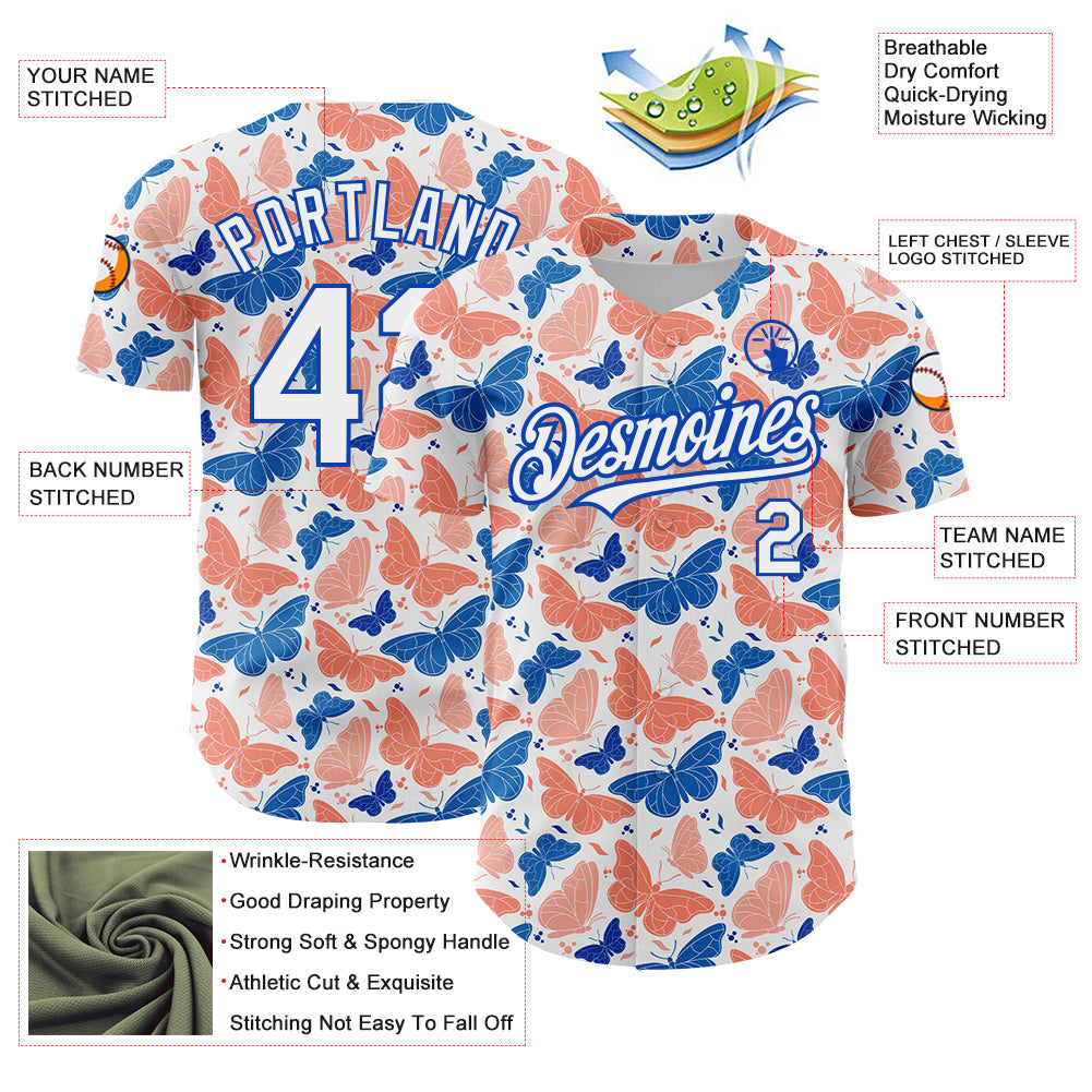 Custom White Royal 3D Pattern Design Animal Butterfly Authentic Baseball Jersey - Sky-Custom