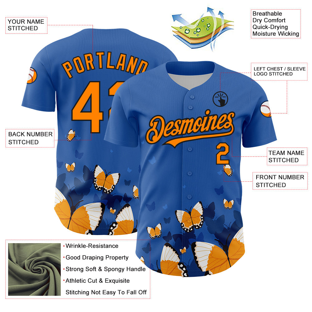 Custom Royal Orange-Black 3D Pattern Design Animal Butterfly Authentic Baseball Jersey - Sky-Custom
