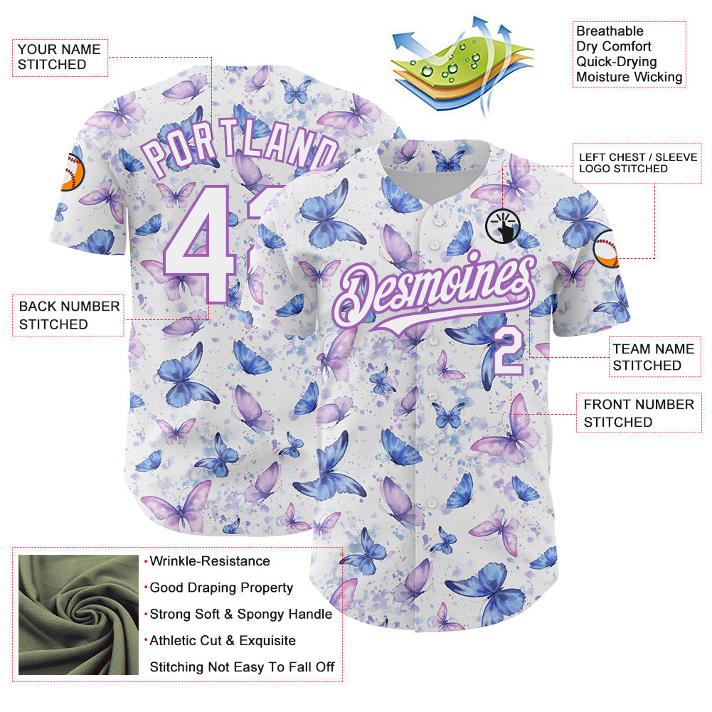Custom White Medium Purple 3D Pattern Design Animal Butterfly Authentic Baseball Jersey - Sky-Custom